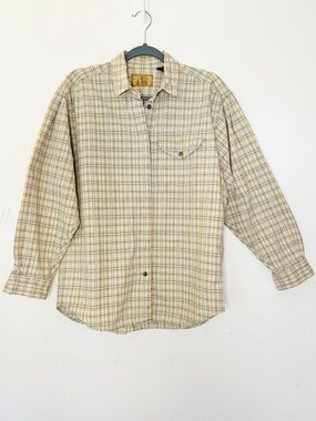 LIZ CLAIBORNE Vintage Plaid Button Shirt - Taupe & Blue- Long Sleeved - Size M